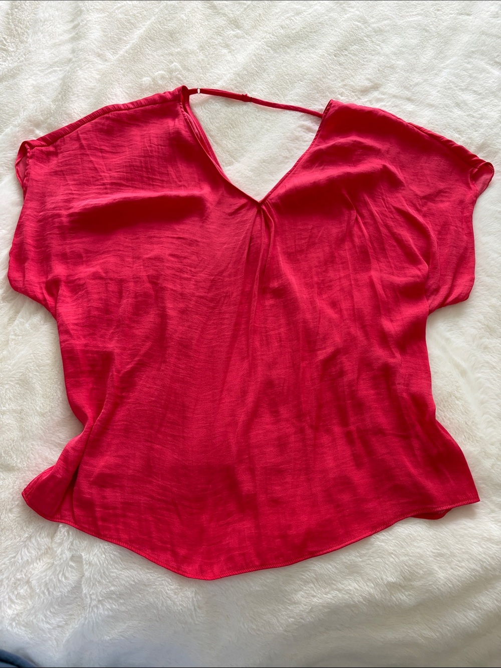 Naked Zebra V-Neck Short Sleeve Blouse in Bright Pink/Red